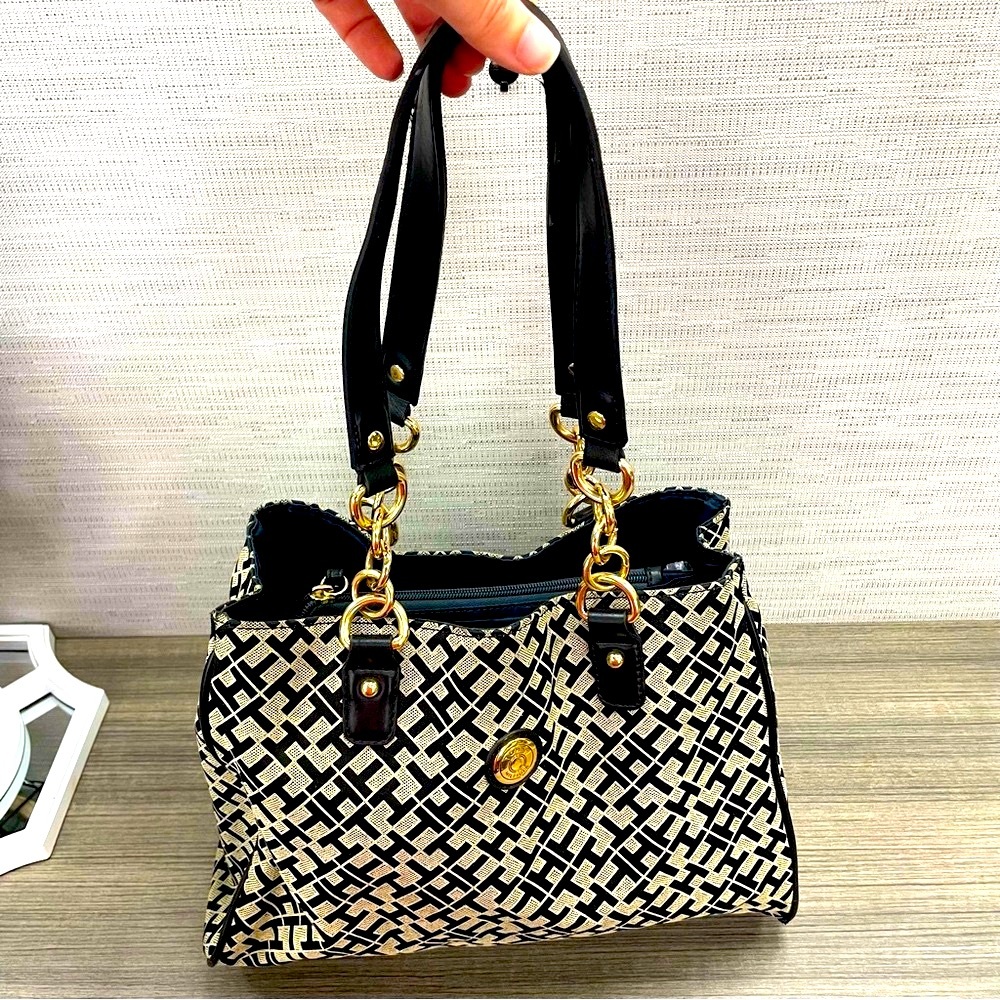 Tommy Hilfiger Monogram Stylish Tote Bag Black and Gold - Picture 6 of 16